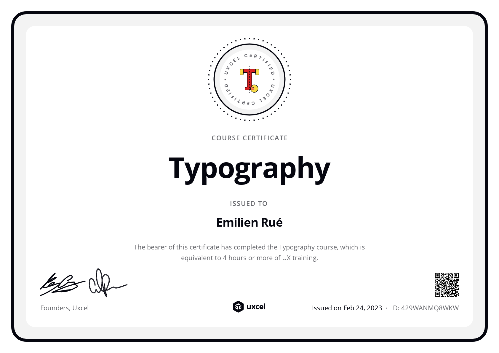 Emilien Rué's certificate